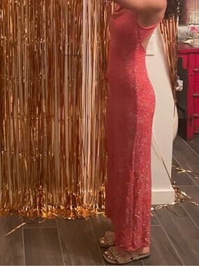 Coral prom dress with gold sparkle details